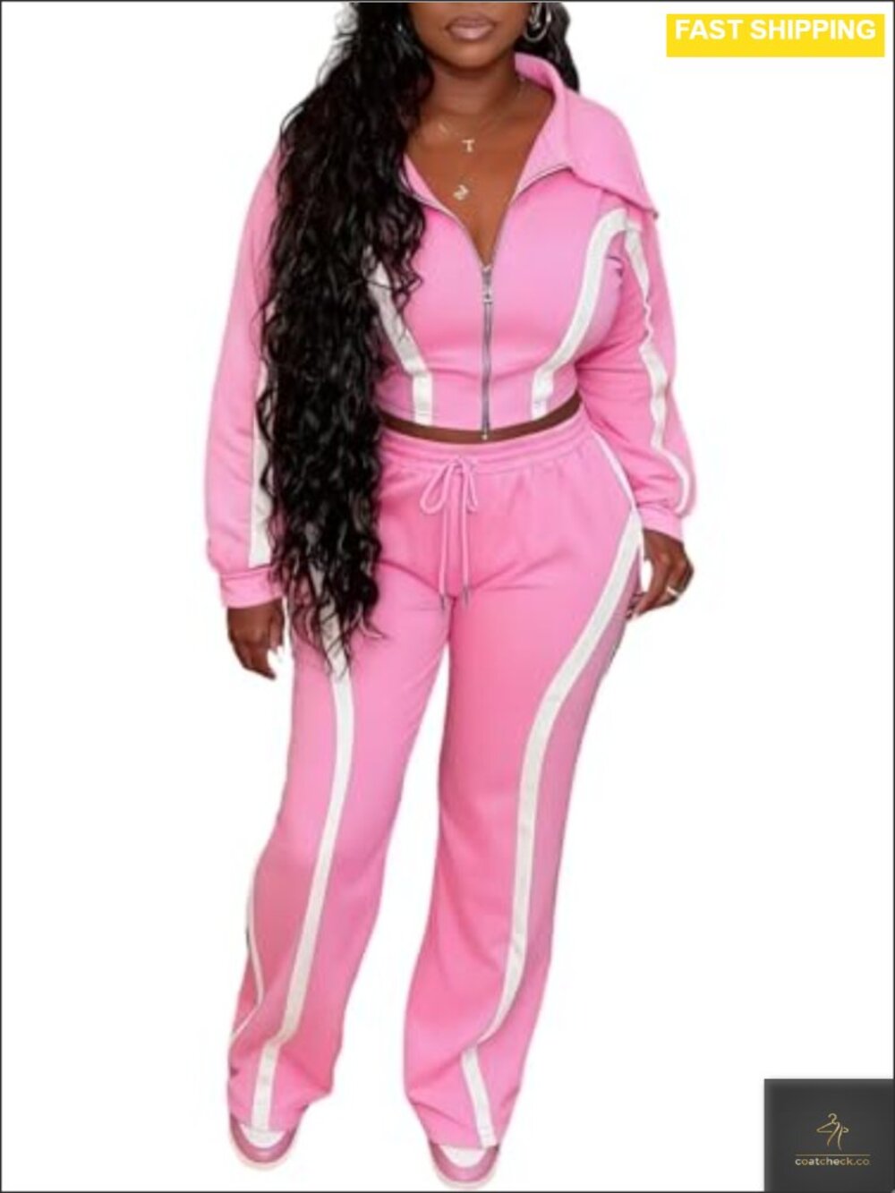Women 2 Piece Striped Tracksuit Set Long Sleeve Zip Up Cropped Jacket Wide Leg